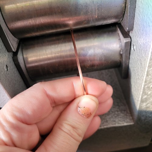 Jennifer Brooks's Rainbow Autumn Tree Earrings - , Contemporary Wire Jewelry, Dapping, Dapping Jewelry, How To Punch Holes, Hole Punching, Punch A Hole, Lashing, Wire Lashing, , Using the rolling mill again